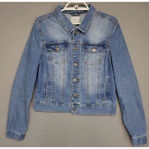Love Tree Denim Jacket Womens Large Blue Light Wash Trucker Button Front Stretch